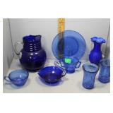 Eight pcs cobalt glass - pitcher, plates, cream, s
