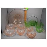 Depression glass in pink and green - 11 pcs - pink