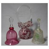 art glass splatter basket & two bells