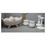 Custard glass pedestal bowl, cream & sugar, pair r