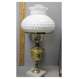 White hobnail and brass table lamp