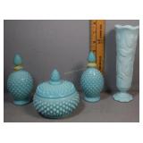 Three Fenton hobnail blue milk glass incl two perf