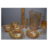 Lusterware orange pitcher, glasses, trinket dish &