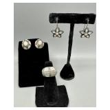 Sterling Mother of pearl earrings & ring 30.1gtw