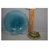 Hand blown blue art glass plate & Art Deco Ashtray
