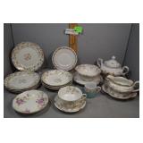 Multi-patterned floral china incl cream and sugar,