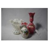 Three pcs art glass - ruffle top HP floral vase, t