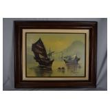 Junk boat oil on canvas 22' x 18: signed P. Wong