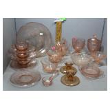 Pink depression glass with rose design - cups & sa
