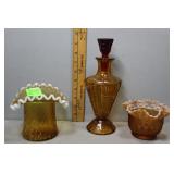 Amber lattice work basket vase, stopper decanter,