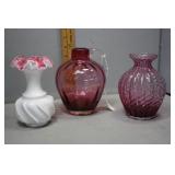 Three pcs cranberry glass vases