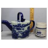 Blue & white ironstone teapot & Jamestown, VA jug