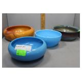 Four art glass bowls - blue & orange ribbon, swirl