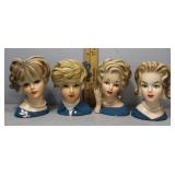 Four lady head vases - blue dress & pearl