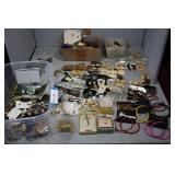 Box lot costume jewelry, watches & tourist knife