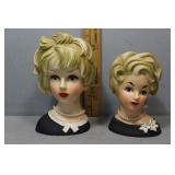 Two complementary head vases - lady in pearls