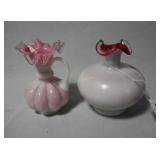 Two milk glass art glass vases - ruffle top peach