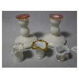 Milk glass - Three toothpick holders & pair candle
