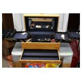 Oak jewelry box with costume jewelry & cameos