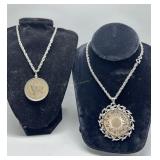 Two silver medallions & costume necklaces