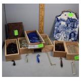 Six sorted chandelier crystal in 6 wood boxes, blu