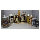 Seven German Steins: 5 flip tops and one glass