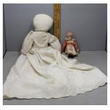 Cloth body doll in 19th century dress & porcelain