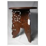 Teak carved tri-leg petite table with inlaid flora