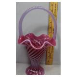 Fenton Cranberry and milk glass ruffle top basket