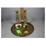 Brass serving tray with two pairs brass candlestic