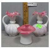 Three pcs ruffle top Fenton glass - pair pitchers