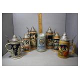 Seven German Steins with six flip top