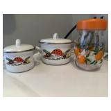 Two vintage mushroom pots and orange juice carafe