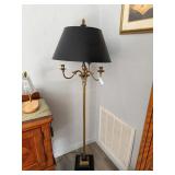 Brass tri-light floor lamp with black shade