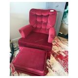 Red velvet armchair with matching ottoman