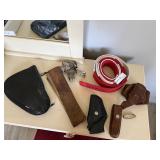 Two leather holsters, Karate belts, Japanese knife