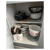 Cabinet contents incl baking dishes, pots and pans