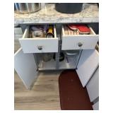 Cabinet contents incl Pyrex, rose pitcher, mixing