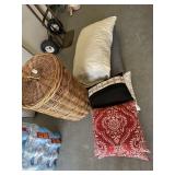 Wicker laundry hamper and 6 pillows