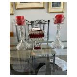 Pair candlesticks and ruby glass compote