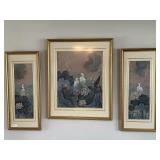 Three pc Egret and lotus framed art set