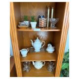 Cabinet articles -coffee pot, clock, candles, faux