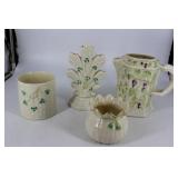 Four Belleek porcelains: bud vase, lattice clover