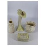 Four Belleek porcelains: floral bud vase, lucky va