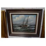 Acrylic on board of ship in rough waters signed A.