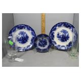 Three Flow blue plates, crystal 7"  stemmed glass,