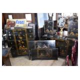Five pc Chinese black lacquer bedroom suite