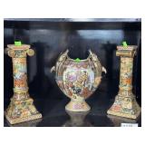 Pair Chinese scroll candlesticks and dolphin vase