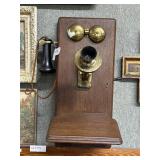 Oak case wall telephone with Bakelite receiver
