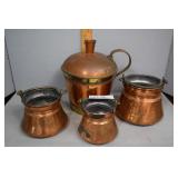 Four pc hand hammered copper: buckets and jug